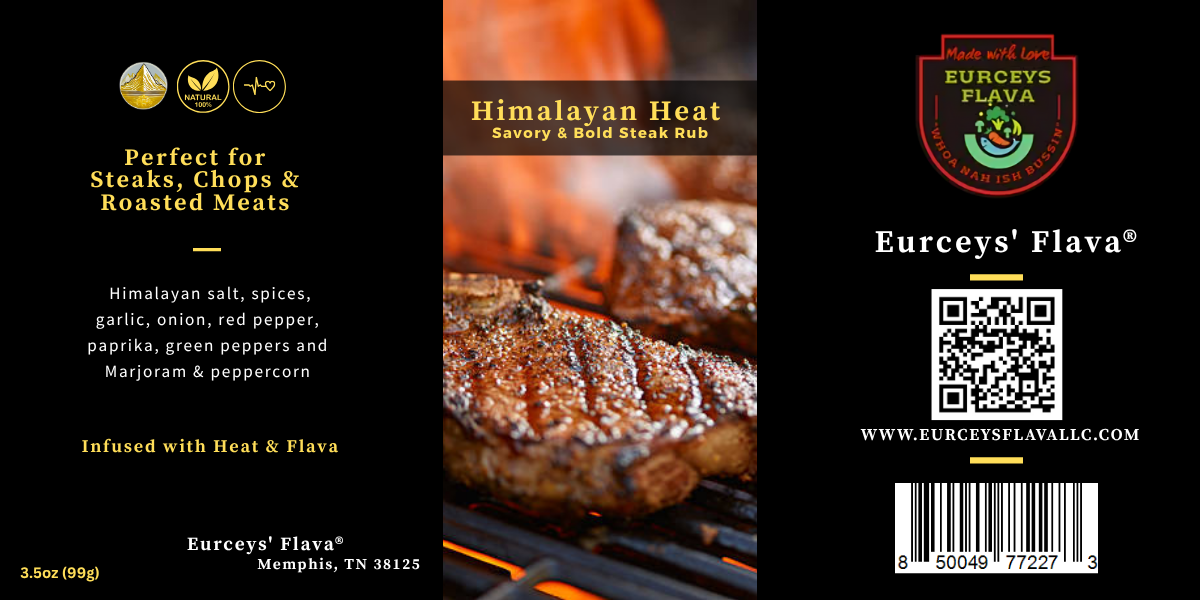 Himalayan Heat steak rub packaging by Eurceys' Flava logo.