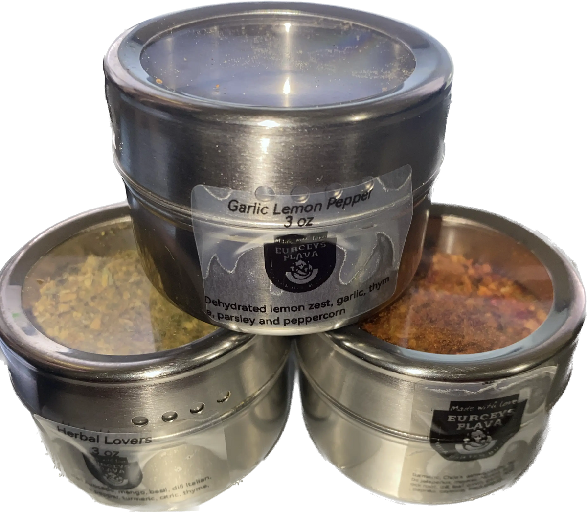 Eurceys' Flava® Mothers' Day 3 Flava Magnetic Refillable Canisters 3oz Healthy Spices No Salt added - Eurceys' Flava®
