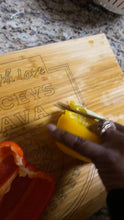 Load and play video in Gallery viewer, Eurceys&#39; Flava® Large Cutting Block with logo centered washable , sturdy , reusable and safe; picture video cutting vegetables on our cutting blocks
