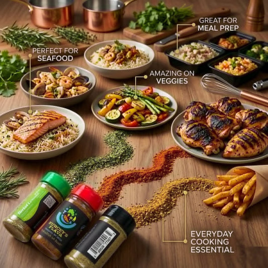 Eurceys' Flava salt-free spice blends with food spread showing seafood, chicken, veggies and meal prep - perfect for everyday cooking