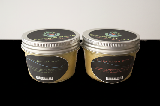 Eurceys' Flava Garlic Herbal Butter and Cajun Garlic Butter jars side by side - sodium-free artisan butter blends