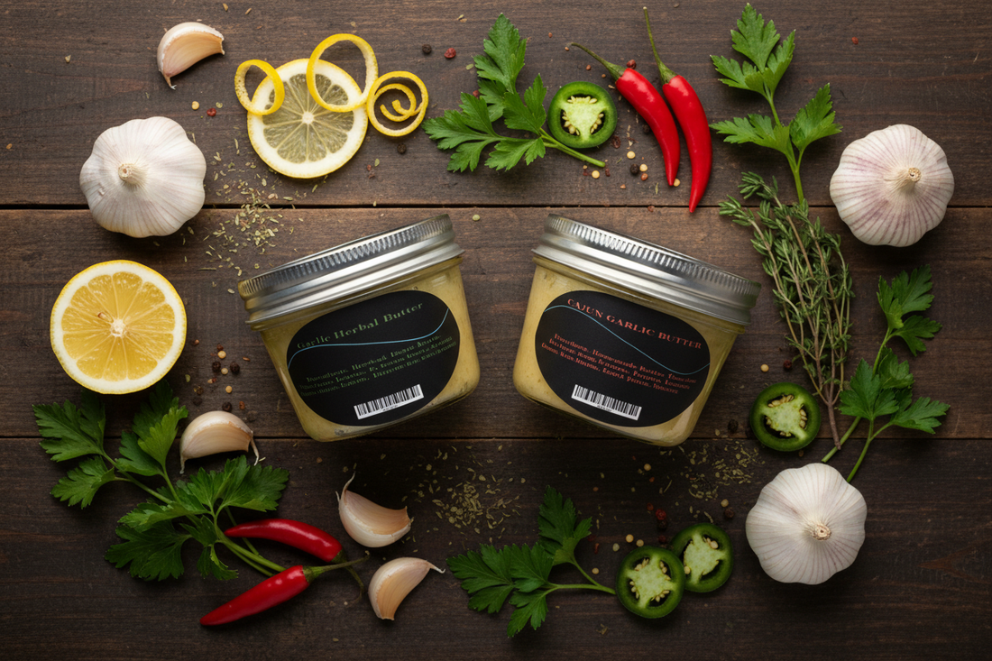 Eurceys' Flava Cajun and Herbal Garlic Butter jars surrounded by fresh garlic, lemon, parsley, thyme, chiles and jalapeño on rustic wood surface