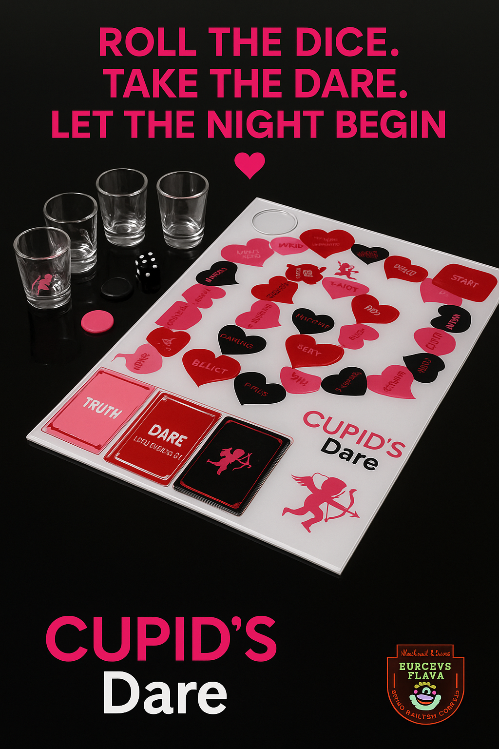 Flat lay of Cupid Dare board, cards, and pieces arranged for play