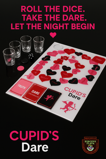 Flat lay of Cupid Dare board, cards, and pieces arranged for play