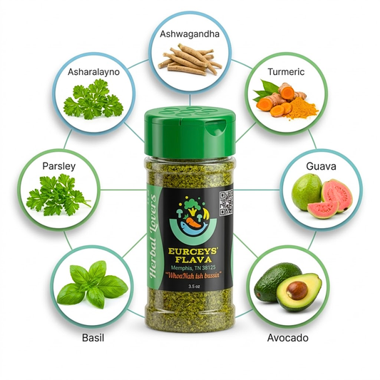 Furcey's Flava spice jar with health benefits icons 