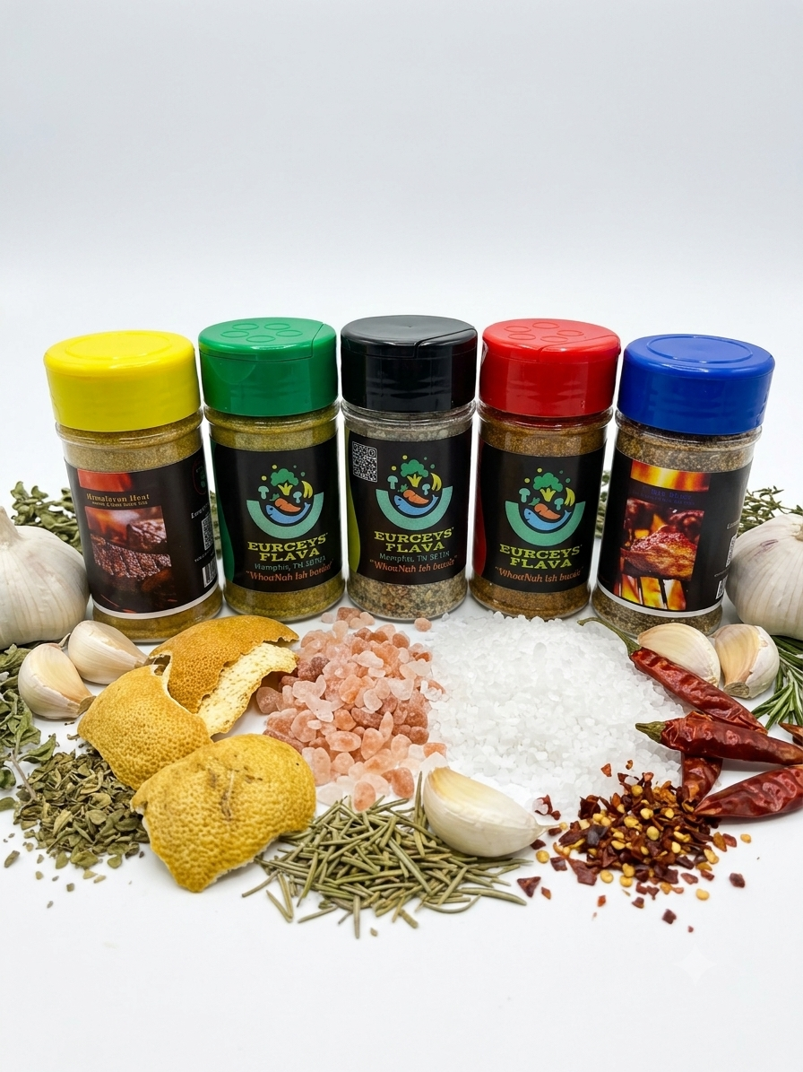 Eurceys' Flava® The Flava Cinq – All 5 seasoning bottles with yellow, green, black, red, and blue lids