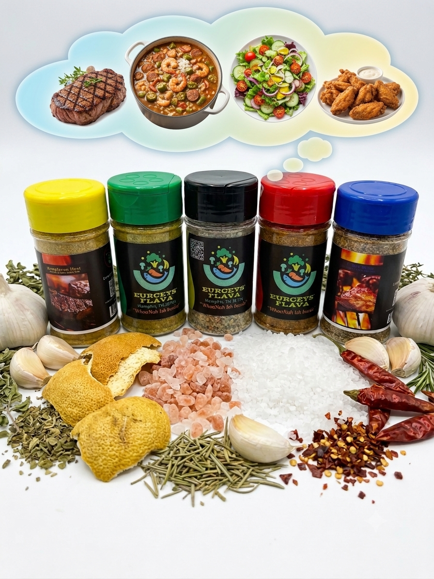 The Flava Cinq by Eurceys' Flava® – Five Cajun seasoning blends on white background – 5-Year Anniversary Collection