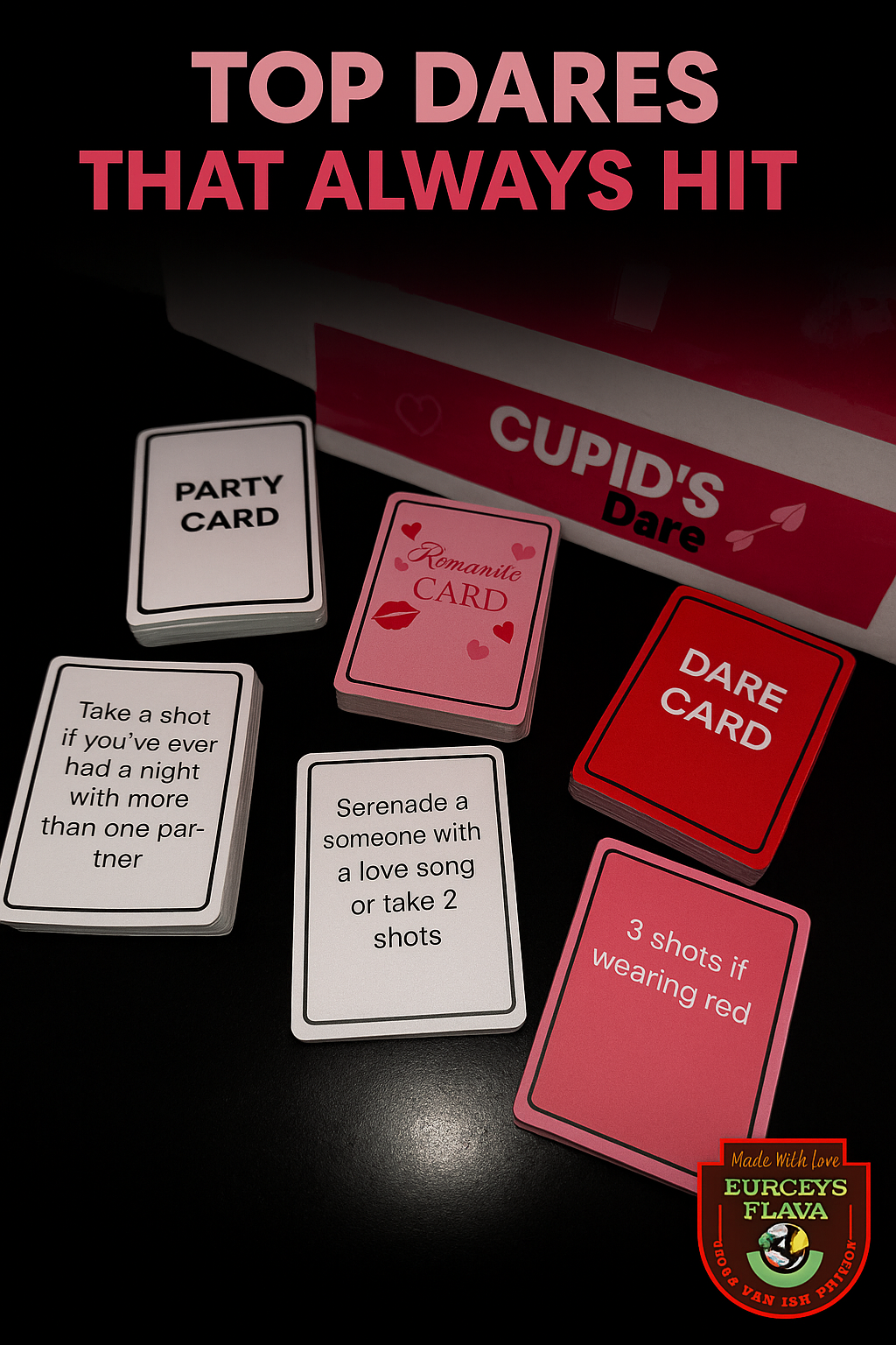 Cupid Dare game components — cards, spinner, timer, rulebook on table