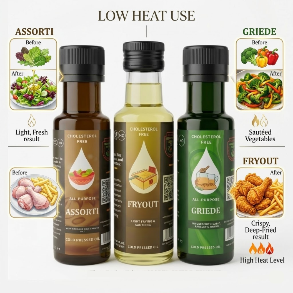 Three bottles of cold-pressed oil shown on a light gray background with labeled before/after food examples and text about low heat use. The bottles are labeled Assorti, Fryout, and Griede.