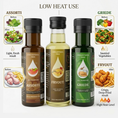 Three bottles of cold-pressed oil shown on a light gray background with labeled before/after food examples and text about low heat use. The bottles are labeled Assorti, Fryout, and Griede.