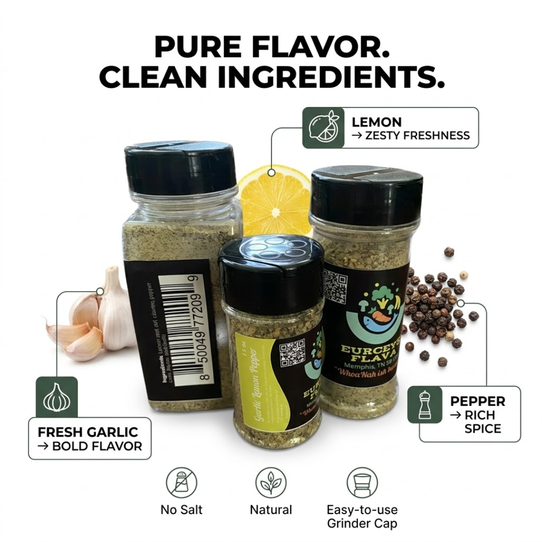 Garlic Lemon Pepper Cajun spice blend with real lemon zest – no sodium fresh organic garlic, peppercorn and lemon zest