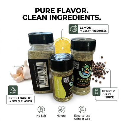 Garlic Lemon Pepper Cajun spice blend with real lemon zest – no sodium fresh organic garlic, peppercorn and lemon zest