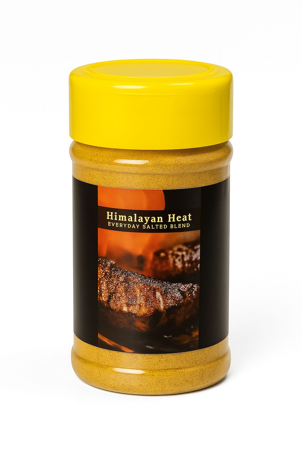 Spice jar labeled 'Himalayan Heat' with a yellow lid on a white background