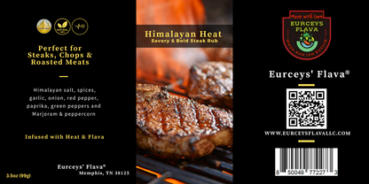 Himalayan Heat steak rub packaging by Eurceys' Flava logo.