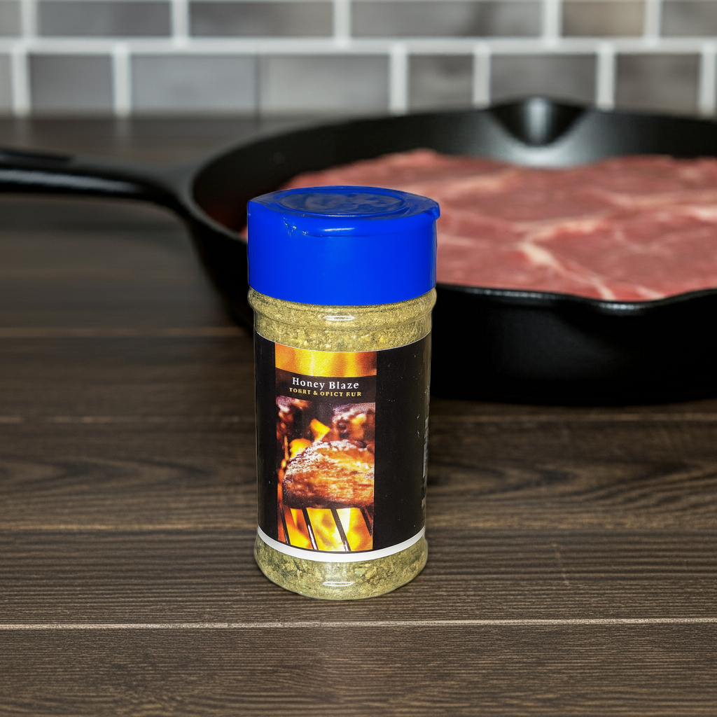 Honey Blaze rub on grilled salmon with lemon — no sodium, bold flavor